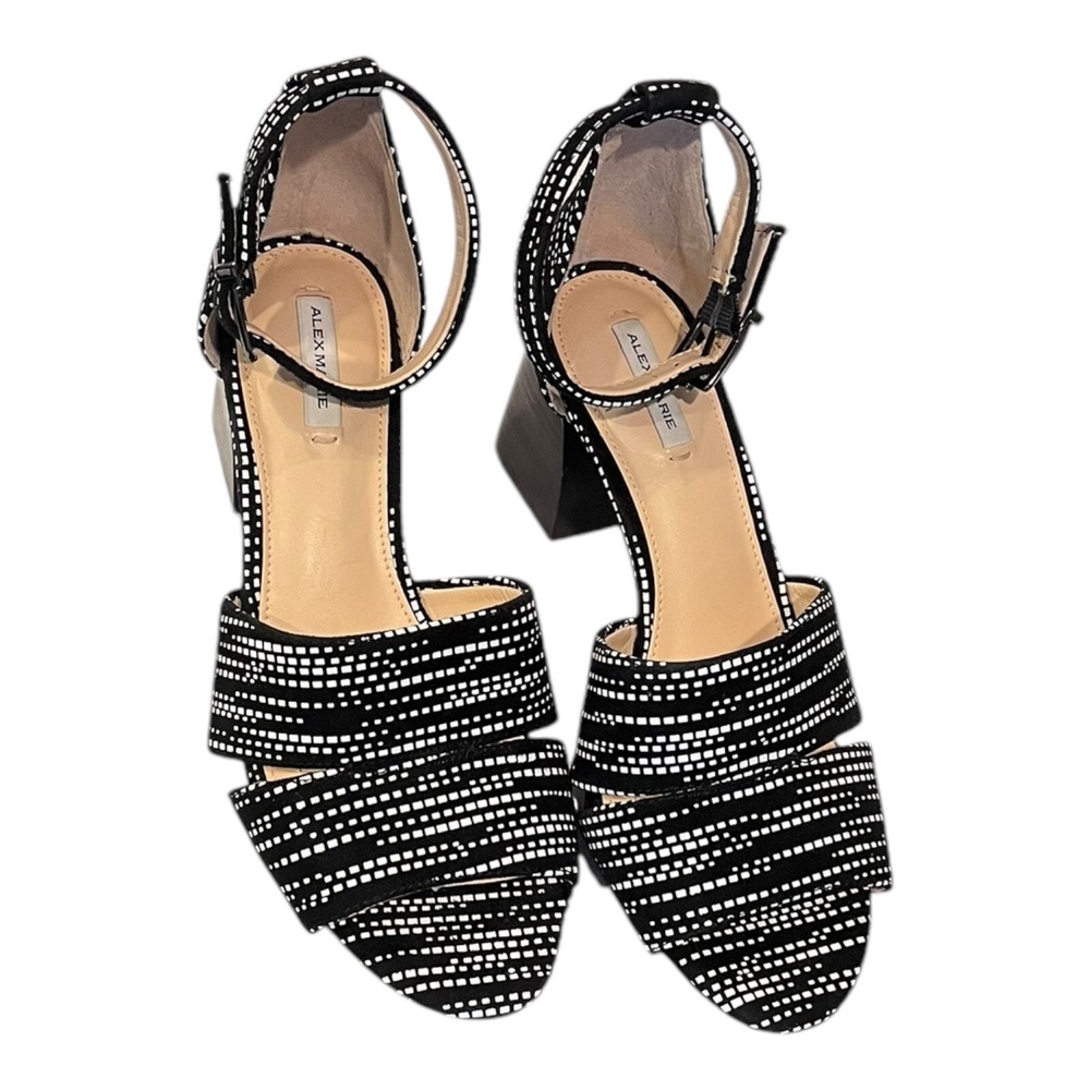 Alex Marie Women's Sandals Black White Size 7M Peep Toe Ankle Strap Block Heel